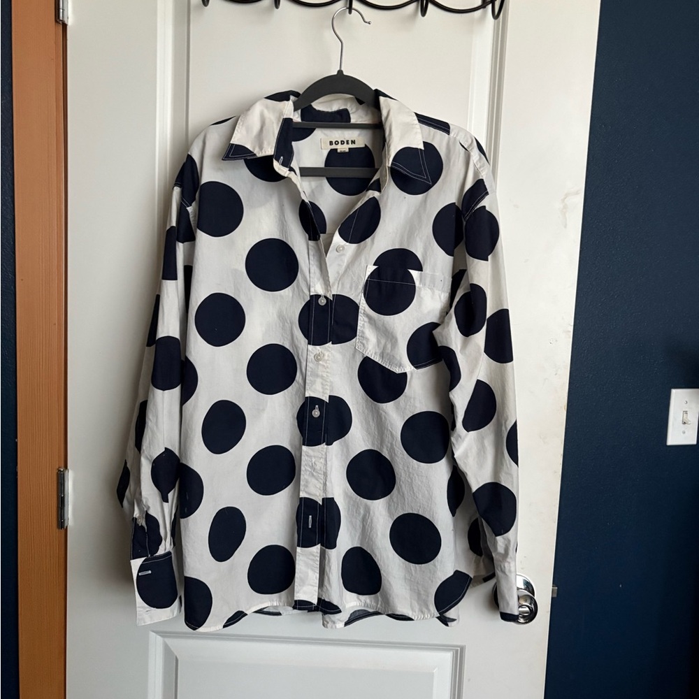 Boden White Shirt with Navy Polka Dot Print